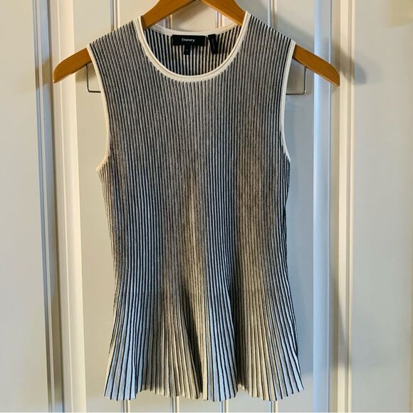 Theory Striped White Black Canelis Prosecco Peplum Tank | Small - Picture 3 of 10